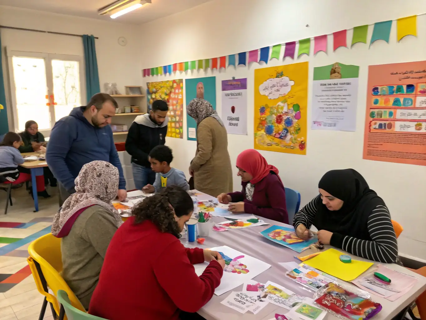 A vibrant scene of artists and community members participating in a hands-on creative workshop, with colorful art supplies and collaborative energy, representing LA BELLE ASSO 21’s inclusive artistic environment.