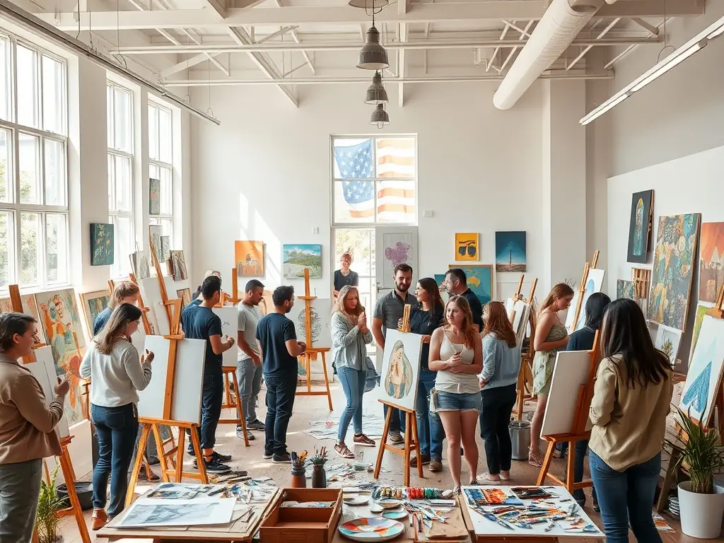 A vibrant image of artists collaborating during an artistic workshop, showcasing the hands-on learning and creative exchange facilitated by LA BELLE ASSO 21's programs.