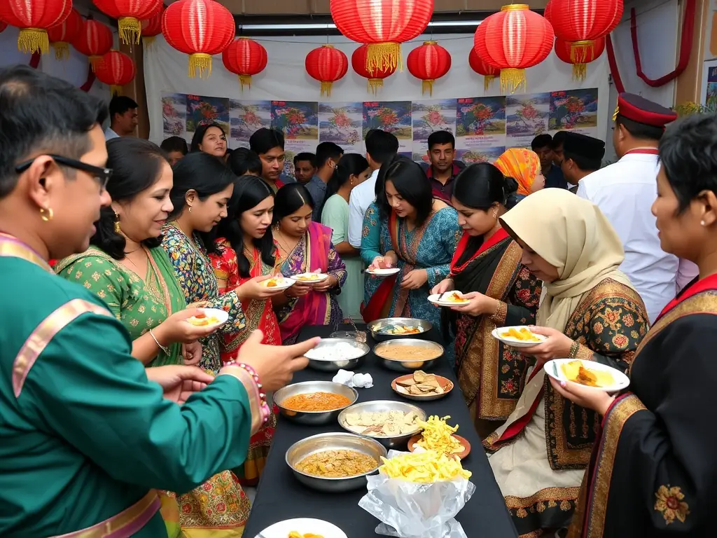 A photograph capturing a cultural exchange event, featuring participants from diverse backgrounds interacting and sharing their artistic traditions, highlighting the cross-cultural understanding promoted by LA BELLE ASSO 21.
