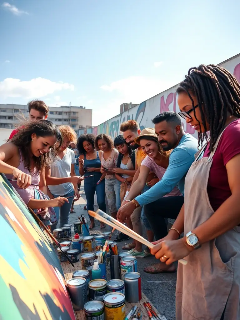 A photograph of artists from different cultural backgrounds collaborating on a mural, symbolizing cultural exchange and artistic collaboration, set against an urban backdrop.