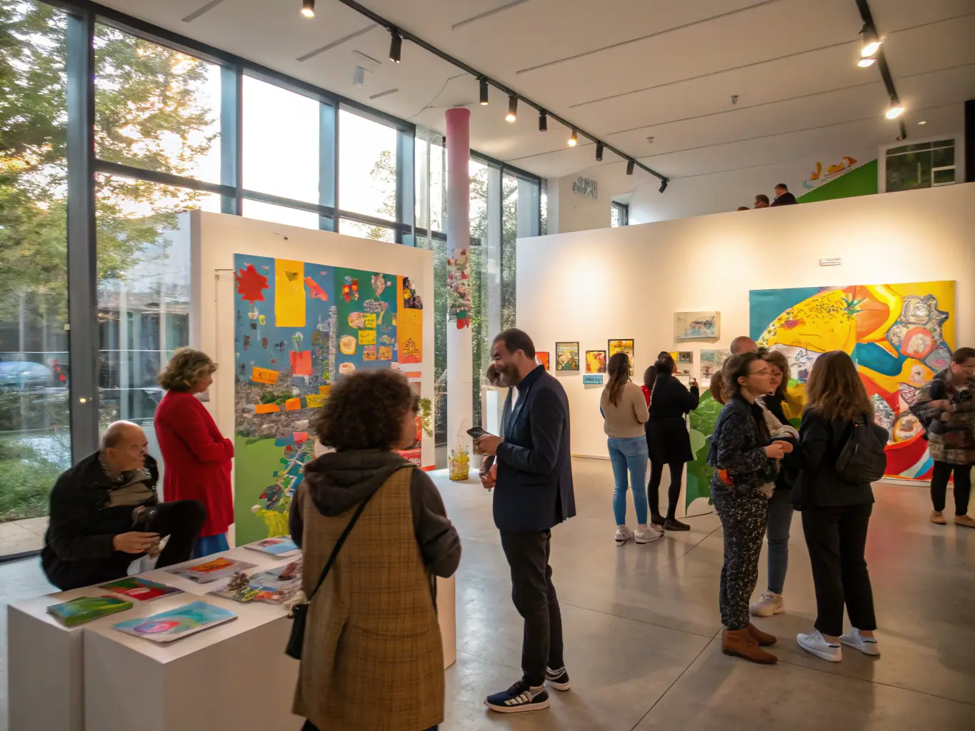 A group of artists and local residents sharing ideas during a cultural exchange event, with artworks displayed in the background, highlighting the spirit of community engagement and cross-cultural dialogue.