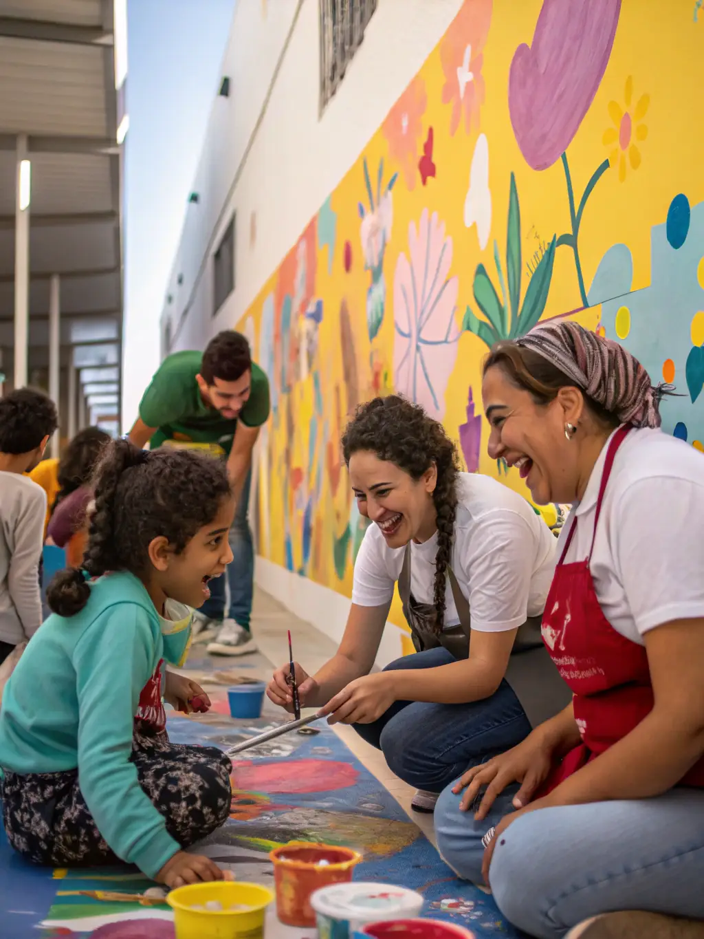 A vibrant photograph capturing participants engaged in a collaborative art workshop, showcasing diverse age groups and artistic expressions, set in a brightly lit studio with easels and art supplies.