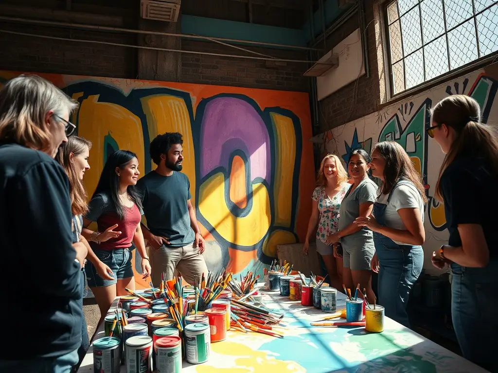 A photograph capturing a cultural exchange event, featuring artists from different backgrounds collaborating on a mural.