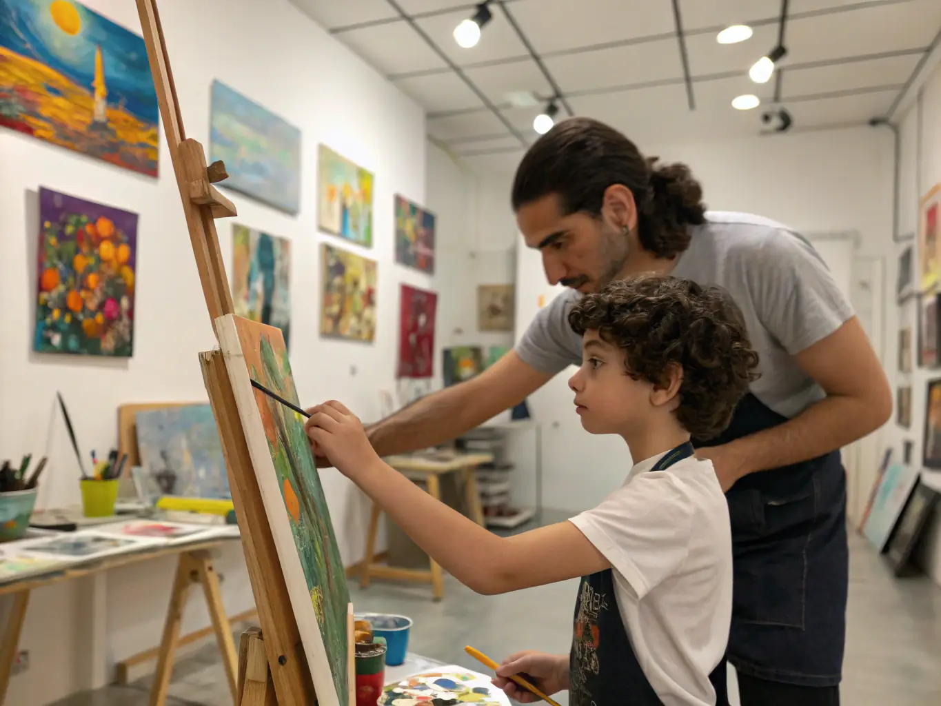 An inspiring image of an artist mentoring young participants during an open studio session, with creative works in progress and a welcoming atmosphere, illustrating LA BELLE ASSO 21’s commitment to nurturing talent.