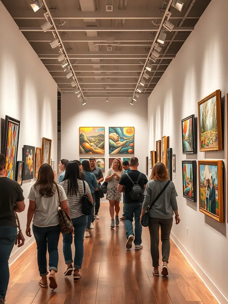 A photograph of a community art exhibition, showcasing a variety of artworks and attendees of different ages and backgrounds, set in a gallery space.