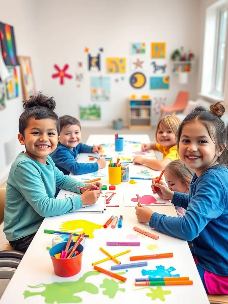 A photograph of children participating in an art therapy session, guided by a therapist, in a calming and supportive environment with colorful art supplies.