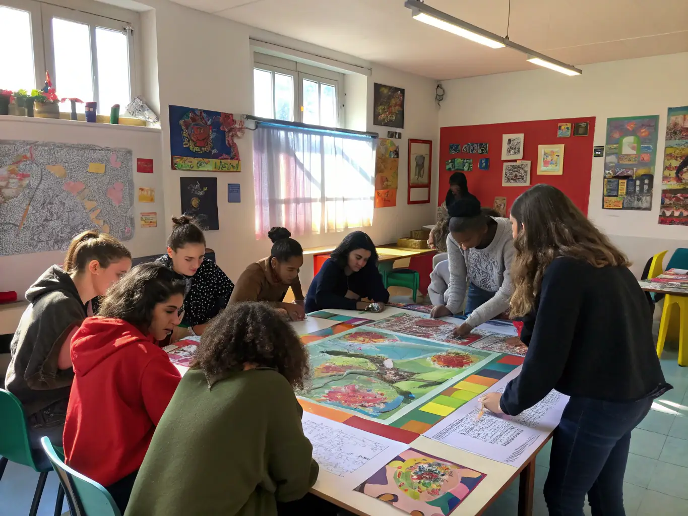 A vibrant image depicting participants engaged in an artistic workshop, showcasing collaborative art creation with diverse individuals.