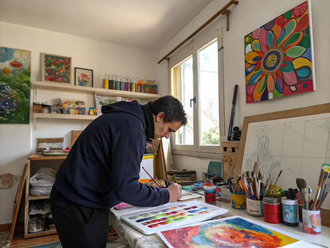 An image of an artist in residence working on their project, surrounded by the supportive environment provided by LA BELLE ASSO 21, emphasizing the organization's commitment to nurturing artistic talent.