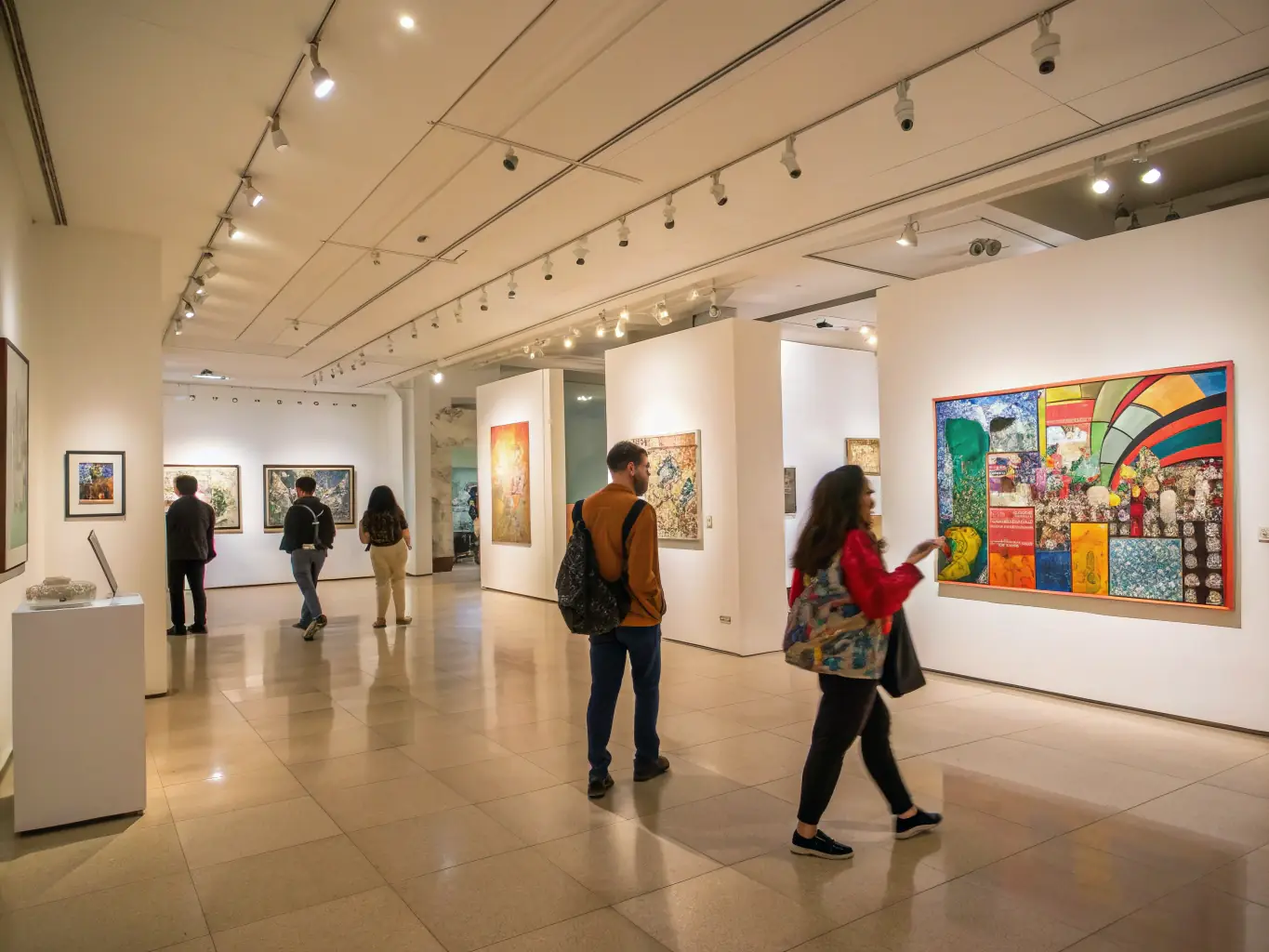 An image showing a community art exhibition, with people of all ages admiring the displayed artworks.